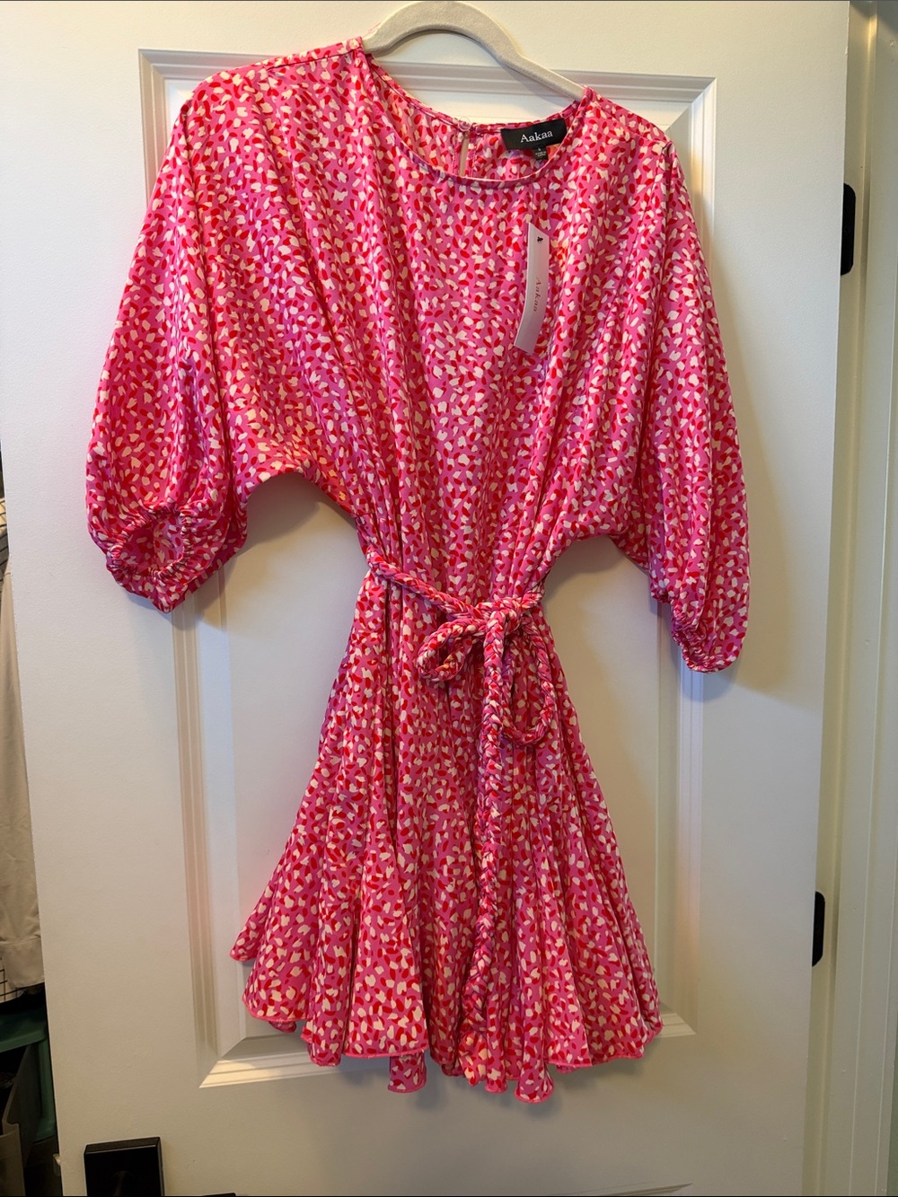 NWT Aakaa Vibrant Pink Printed Dress with Tie Waist